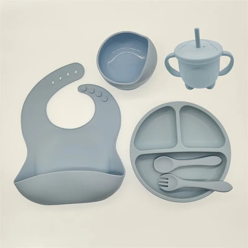 Children's Dishes Set Baby Silicone Tableware 6PCS Set Sucker Bowl Bib Cup Fork Spoon Set Maternal and Infant Supplies BPA Free - BABYONCLOUDS