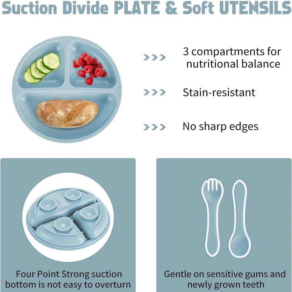 Children's Dishes Set Baby Silicone Tableware 6PCS Set Sucker Bowl Bib Cup Fork Spoon Set Maternal and Infant Supplies BPA Free - BABYONCLOUDS