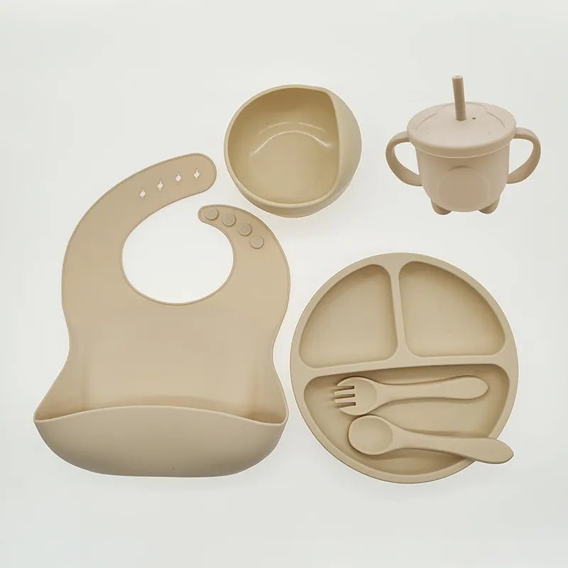 Children's Dishes Set Baby Silicone Tableware 6PCS Set Sucker Bowl Bib Cup Fork Spoon Set Maternal and Infant Supplies BPA Free - BABYONCLOUDS