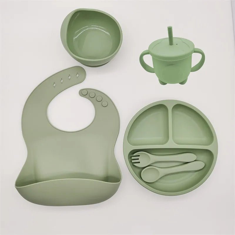 Children's Dishes Set Baby Silicone Tableware 6PCS Set Sucker Bowl Bib Cup Fork Spoon Set Maternal and Infant Supplies BPA Free - BABYONCLOUDS