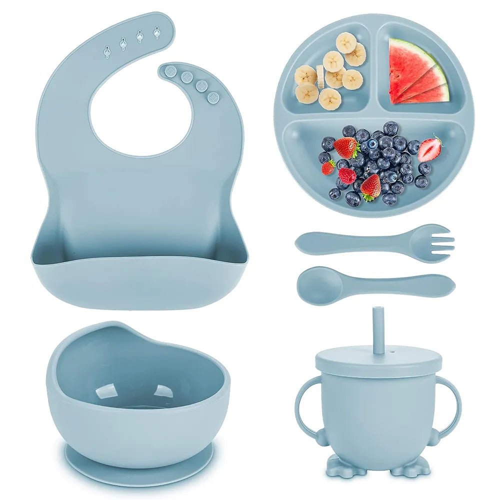Children's Dishes Set Baby Silicone Tableware 6PCS Set Sucker Bowl Bib Cup Fork Spoon Set Maternal and Infant Supplies BPA Free - BABYONCLOUDS