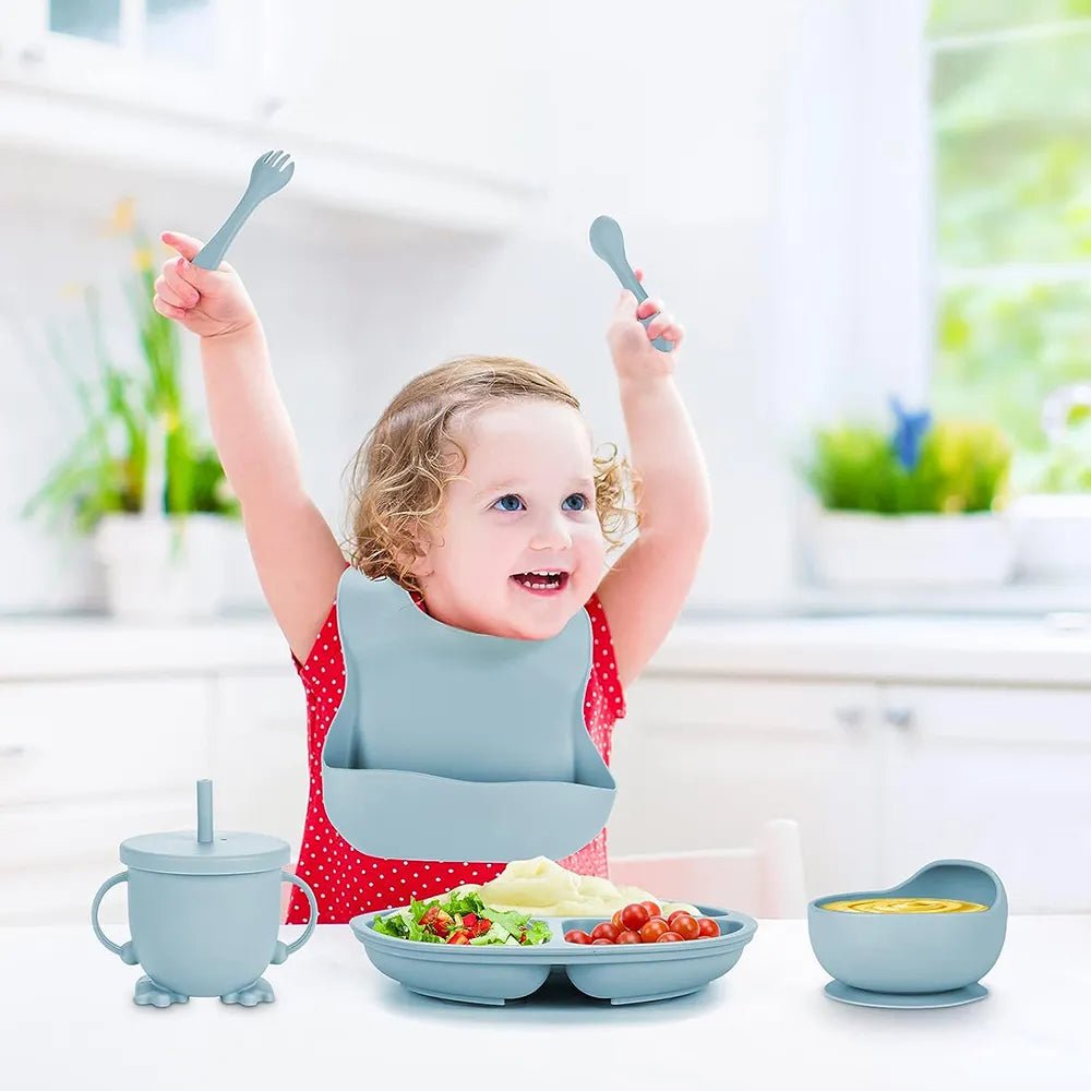 Children's Dishes Set Baby Silicone Tableware 6PCS Set Sucker Bowl Bib Cup Fork Spoon Set Maternal and Infant Supplies BPA Free - BABYONCLOUDS