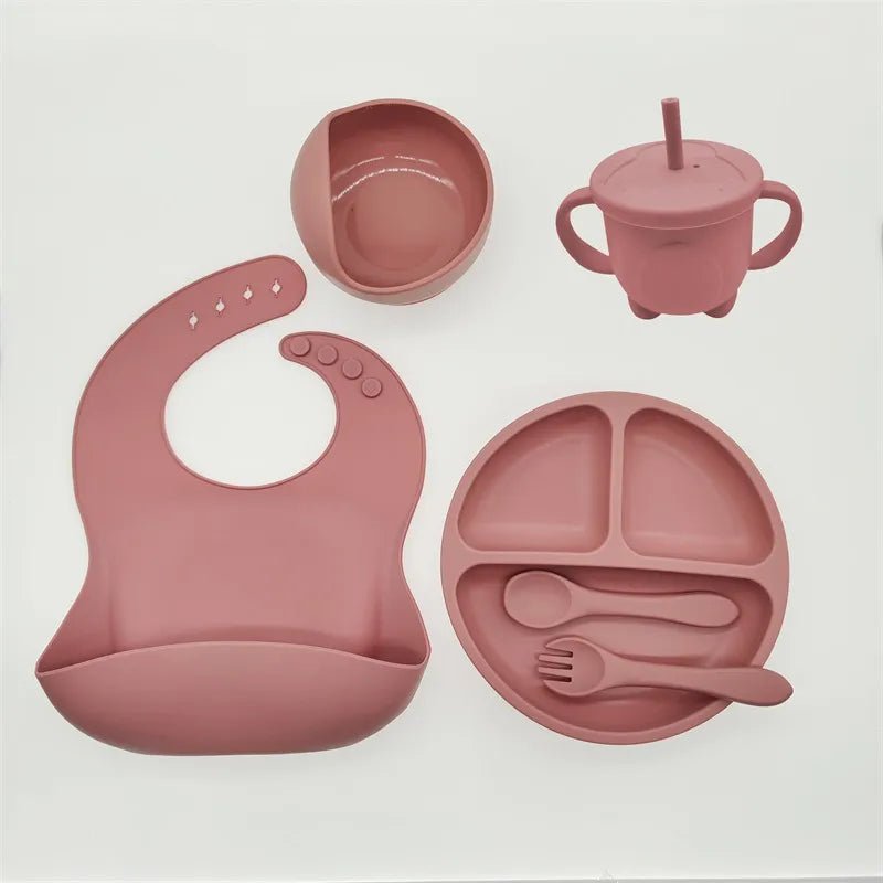 Children's Dishes Set Baby Silicone Tableware 6PCS Set Sucker Bowl Bib Cup Fork Spoon Set Maternal and Infant Supplies BPA Free - BABYONCLOUDS