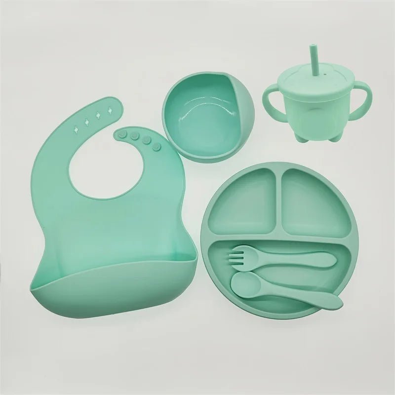 Children's Dishes Set Baby Silicone Tableware 6PCS Set Sucker Bowl Bib Cup Fork Spoon Set Maternal and Infant Supplies BPA Free - BABYONCLOUDS
